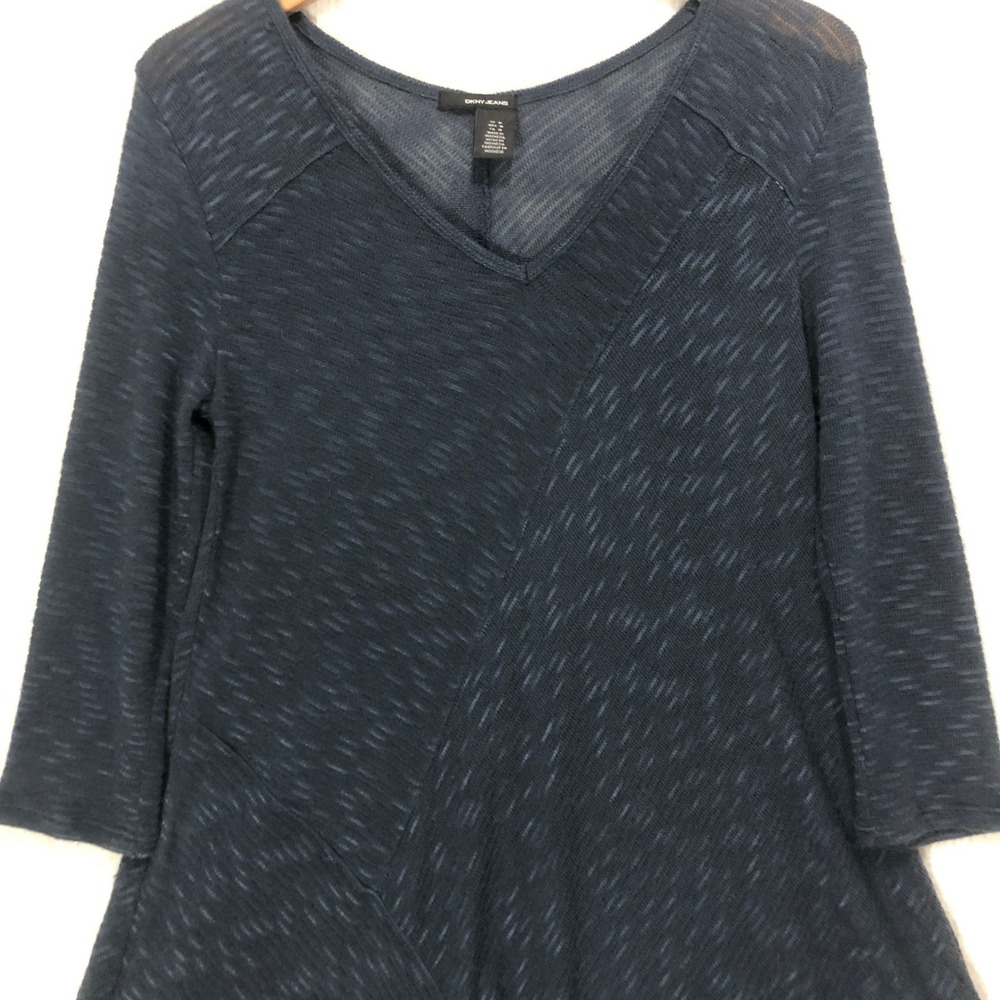 DKNY Jeans Womens Navy Blue Space Dye Sharkbite Hem V-Neck Tunic Top Size M